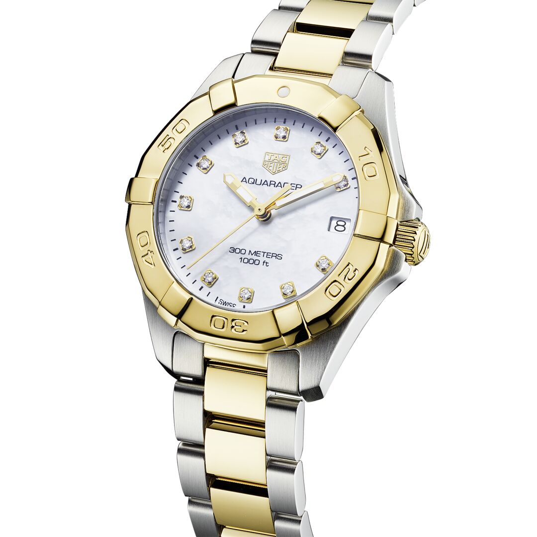 TGHR Aquaracer Ladies' Quartz Movement White Mother-of-Pearl Dial Watch with Diamond Indexes